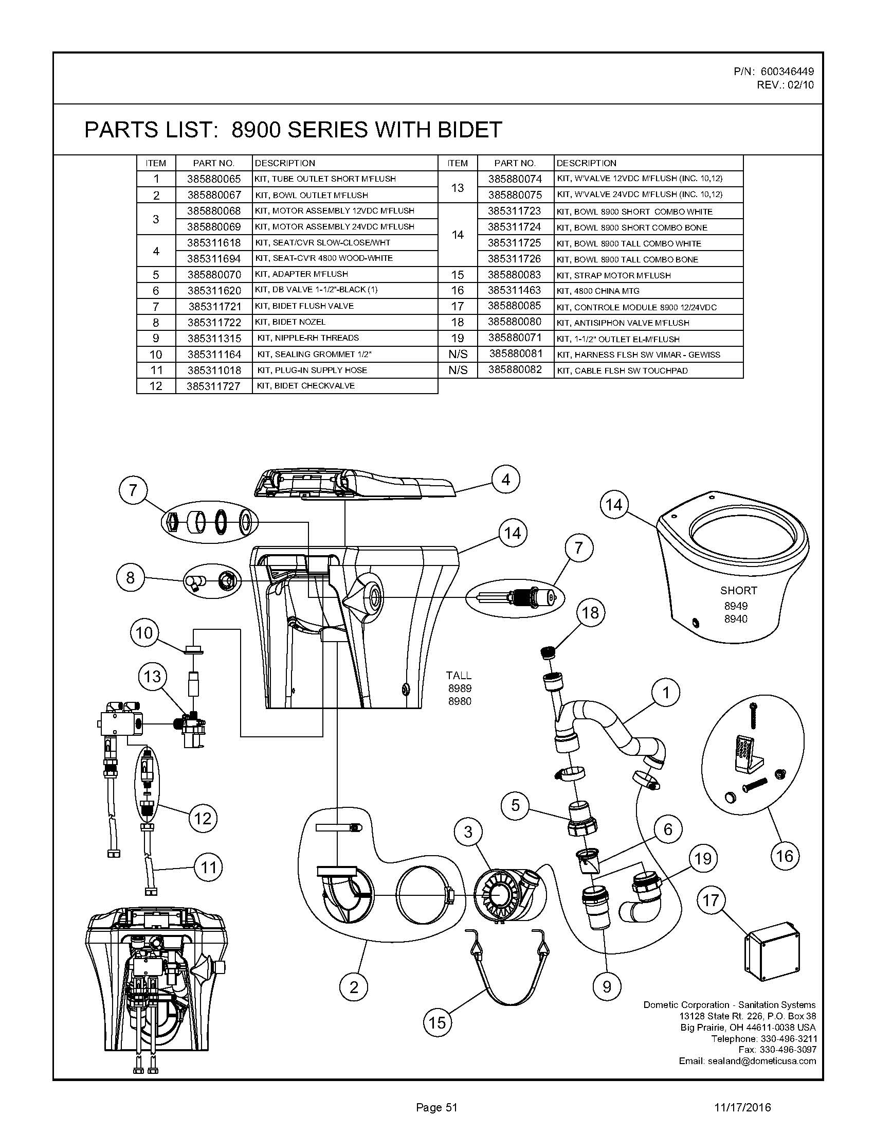 Sealand Dometic 8989 Bidet Masterflush Toilet Spare Parts